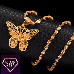 Gold Butterfly Pendant W/ Water Wave Chain